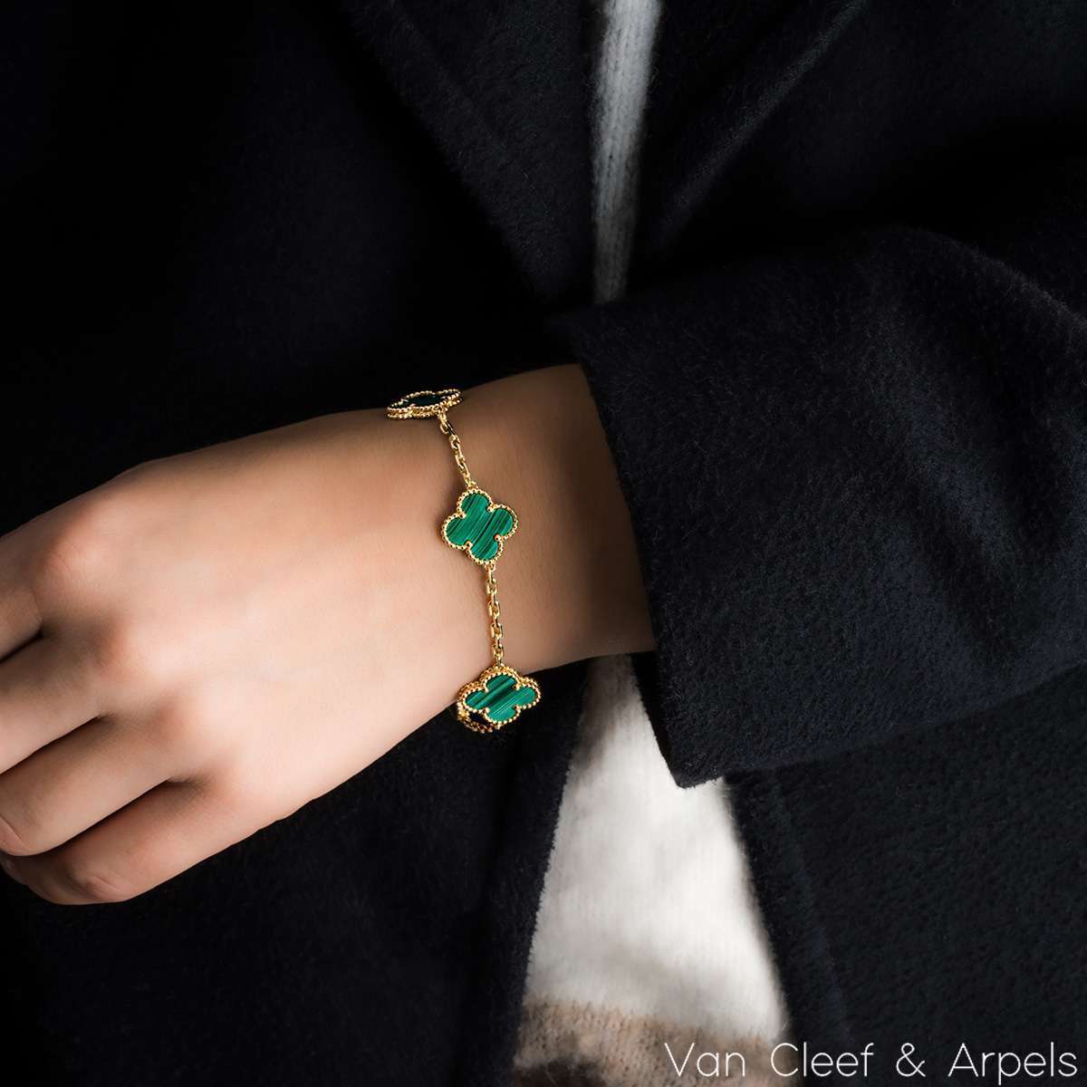Van Cleef & Arpels Malachite Vintage Alhambra 5 Motif Bracelet VCARL80900 Van Cleef & Arpels Malachite Vintage Alhambra 5 Motif Bracelet VCARL80900